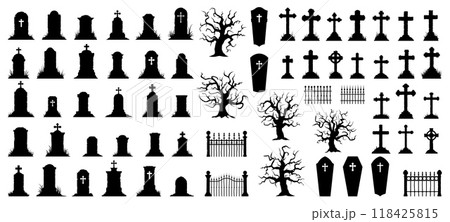 Cemetery tombstones with crosses, graveyards and headstones, vector fence and trees. Coffins and caskets with gravestones and RIP cross, tombstone memorial with crypts and funeral grave silhouettes 118425815