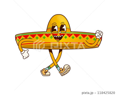 Funny groovy Mexican sombrero hat character. Isolated cartoon vector lively mariachi or latino cap with a wide smile, strutting confidently, wearing sneakers, and exuding a playful, celebratory energy Funny groovy Mexican sombrero hat character. Isolated cartoon vector lively mariachi or latino cap with a wide smile, strutting confidently, wearing sneakers, and exuding a playful, celebratory energy 118425820