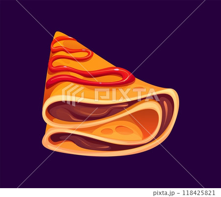Cartoon crepe, folded French pancake drizzled with strawberry sauce, featuring golden-brown texture. Isolated vector delicious baked dessert, cafe or restaurant menu, sweet food. Fresh breakfast meal 118425821