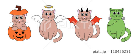 Cute Halloween Cats in costumes. Holidays characters. Vector Flat Illustration. Cute Halloween Cats in costumes. Holidays characters. Vector Flat Illustration. 118426251