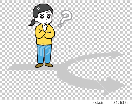 分かれ道で考えている私服の女性(全身) 118426372