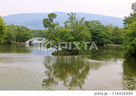 A bridge between islands on lake onuma in the onuma quasi-national park near nanae town on the oshima peninsula in southwestern hokkaido, Japan A bridge between islands on lake onuma in the onuma quasi-national park near nanae town on the oshima peninsula in southwestern hokkaido, Japan 118426889