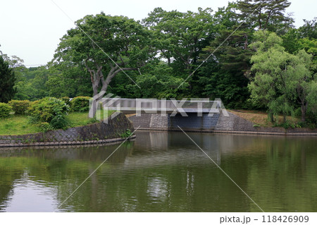 A bridge between islands on lake onuma in the onuma quasi-national park near nanae town on the oshima peninsula in southwestern hokkaido, Japan 118426909