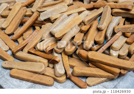 Group of Yak chews. Yak chews are traditionally crafted in the Himalayan region using yak and cow milk. Yak cheese is cheese made from yak's milk. Group of Yak chews. Yak chews are traditionally crafted in the Himalayan region using yak and cow milk. Yak cheese is cheese made from yak's milk. 118426930