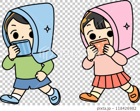 防災訓練をする男の子と女の子 118426982