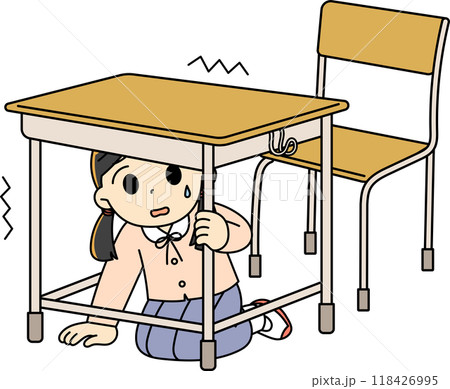 地震で机の下に隠れる女の子 地震で机の下に隠れる女の子 118426995