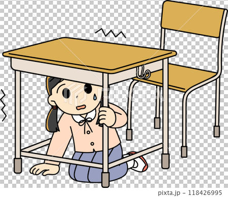 地震で机の下に隠れる女の子 地震で机の下に隠れる女の子 118426995
