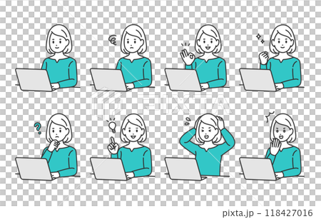 パソコンを見ながらいろいろな表情･ポーズをする若い女性のセット【人物ベクターイラスト素材】 118427016