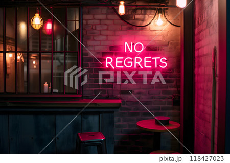 A neon sign that says NO REGRETS on a brick wall A neon sign that says NO REGRETS on a brick wall 118427023