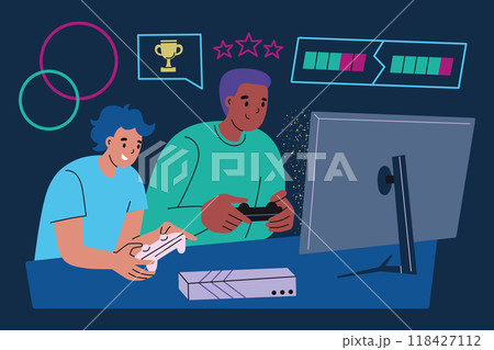 Vector illustration of two gamers playing a video game with controllers and console. Father and son spending time together, having fun, entertainment. Flat cartoon style. Gaming, family bonding 118427112