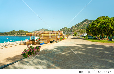 Beach View with Sun Loungers and Bars Along the Shoreline 118427257