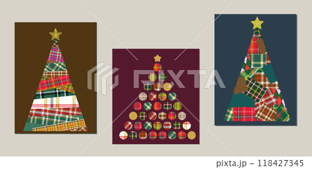 タータンチェックのクリスマスツリー3つセット タータンチェックのクリスマスツリー3つセット 118427345