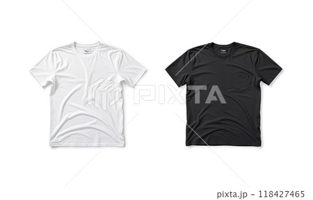 Blank black and white crumpled t-shirt mockup flat lay, isolated 118427465