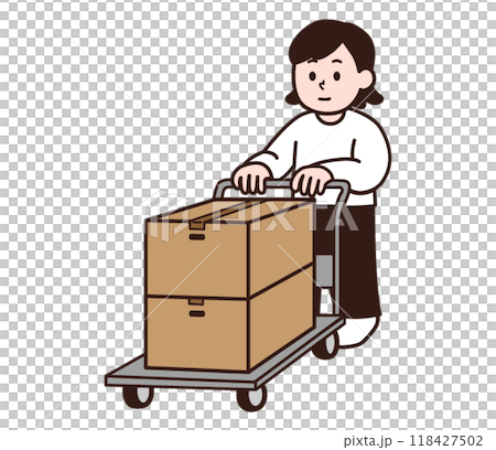 A woman in plain clothes carrying cardboard boxes on a loading platform 118427502