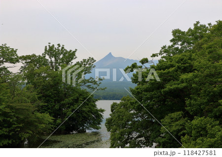Mt. Komagatake, an active volcano between Mori town, Shikabe Town and Nanae towns on the Oshima peninsula in southwest Hokkaido as viewed from Onuma pond in the Oshima Park, near Hakodate Mt. Komagatake, an active volcano between Mori town, Shikabe Town and Nanae towns on the Oshima peninsula in southwest Hokkaido as viewed from Onuma pond in the Oshima Park, near Hakodate 118427581