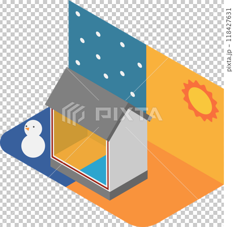 Isometric insulated wall house summer and winter image 118427631