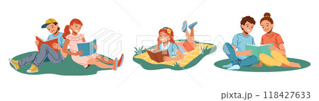 Happy children read books flat color vector icon set 118427633