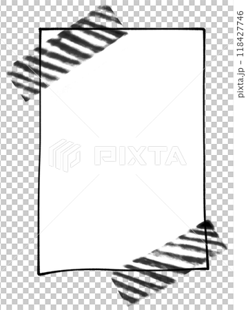 ペンで描いたシンプルなメモを斜めストライプ柄のマスキングテープで留めているモノクロフレームイラスト 118427746