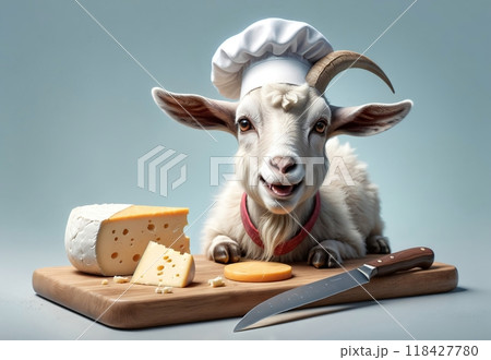 cute goat cutting fresh goat natural cheese 118427780