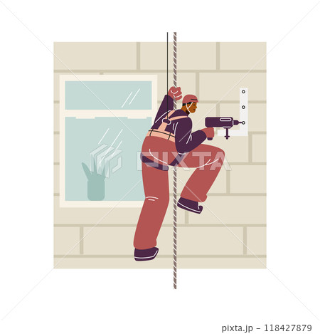 Vector illustration an industrial climber with a drill in his hands on a high-rise building 118427879