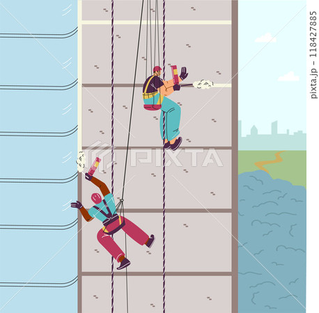 Vector illustration of industrial climbers in helmets, with insurance, working on a high-rise building. Vector illustration of industrial climbers in helmets, with insurance, working on a high-rise building. 118427885