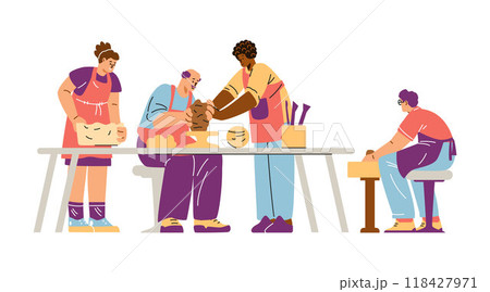 Vector illustration on a white background with sculpture teachers who help adults work with clay Vector illustration on a white background with sculpture teachers who help adults work with clay 118427971