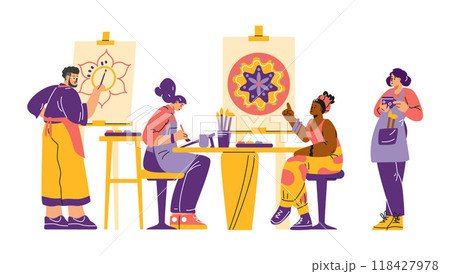 Vector illustration with an art class with girls and a guy who draw a mandala 118427978