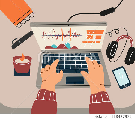 Vector illustration of a remote employee using a laptop for online business tasks. Vector illustration of a remote employee using a laptop for online business tasks. 118427979
