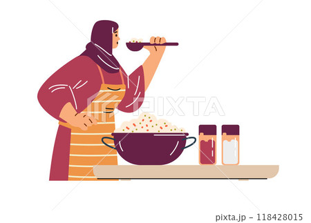 Vector illustration of a woman in a hijab who is trying a cooked salad Vector illustration of a woman in a hijab who is trying a cooked salad 118428015