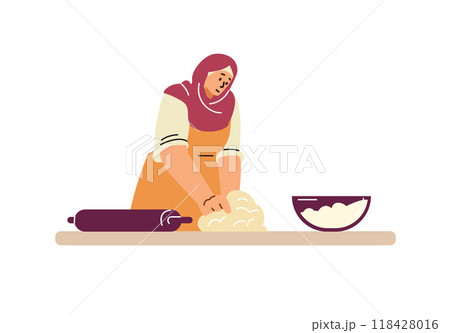 Vector illustration of a woman in a hijab kneading dough with her hands 118428016