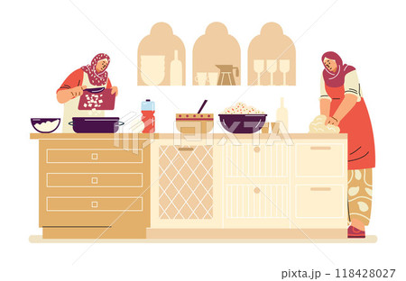 Muslim women cooking in kitchen vector illustration 118428027