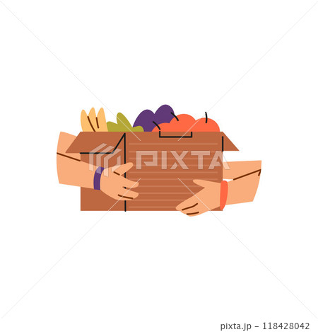 Foodsharing. Vector illustration of human hands holding a box of food. 118428042
