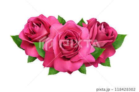 Red rose flowers and green leaves in a floral arrangement isolated on white 118428302