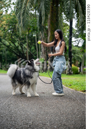 A cheerful Asian female dog owner is playing a tennis ball with her lovely dog in a park. 118428390
