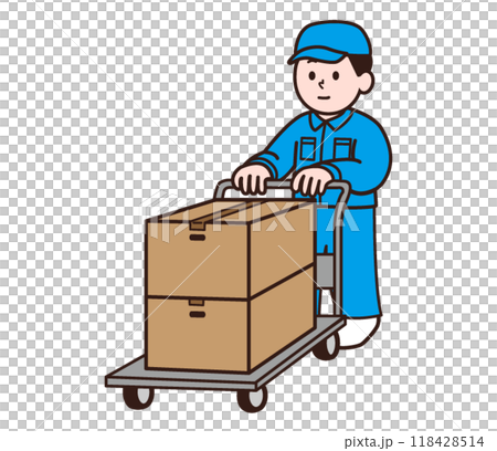 A man in work clothes carrying cardboard boxes on a loading platform 118428514