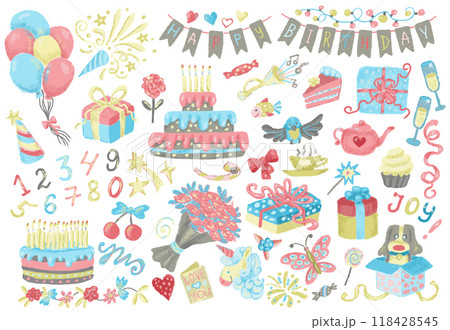 Design set with watercolor objects and elements for happy birthday celebration isolated on white. Holiday anniversary and greetings concept, colorful cartoon doodles and cliparts. Design set with watercolor objects and elements for happy birthday celebration isolated on white. Holiday anniversary and greetings concept, colorful cartoon doodles and cliparts. 118428545