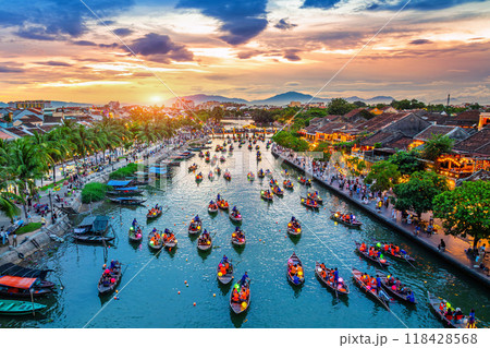 Aerial view of Hoi An ancient town at twilight, Vietnam. 118428568