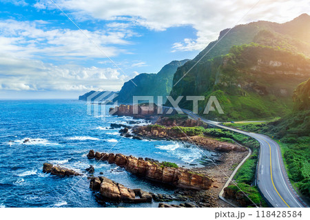 Aerial view of Road near coast at Nanya rock in Taiwan. 118428584