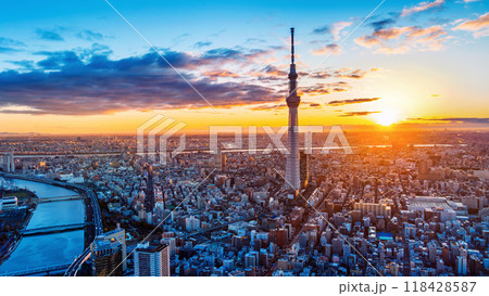 Aerial view of Traffic in Tokyo city at sunrise, Japan. 118428587