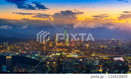 Aerial view of Taipei cityscape at sunset in Taiwan. 118428605