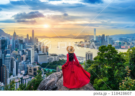 Tourist standing on viewpoint in Hong Kong. Tourist standing on viewpoint in Hong Kong. 118428607