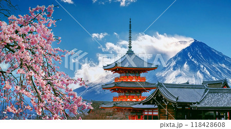 Cherry blossoms and red pagoda in Japan. 118428608