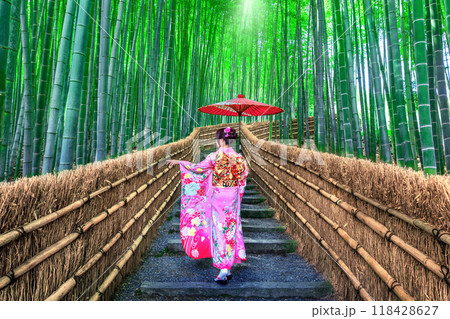 Bamboo Forest. Asian woman wearing japanese traditional kimono at Bamboo Forest in Kyoto, Japan. 118428627