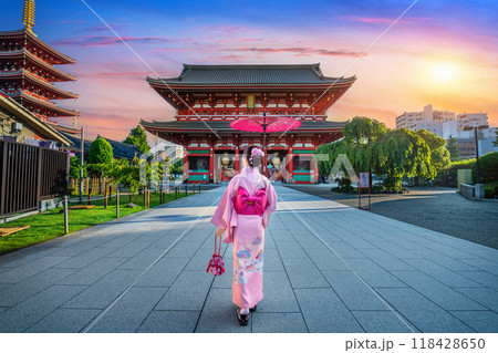 Asian woman wearing japanese traditional kimono at Temple in Tokyo, Japan. 118428650