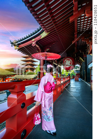 Asian woman wearing japanese traditional kimono at Temple in Tokyo, Japan. Asian woman wearing japanese traditional kimono at Temple in Tokyo, Japan. 118428651