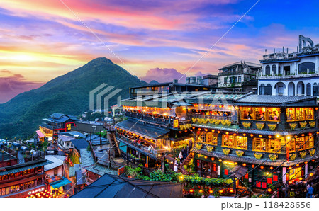 Jiufen old street at twilight in Taipei Taiwan. 118428656