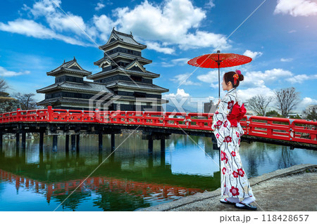 Asian woman wearing japanese traditional kimono at Matsumoto Castle, Nagano in Japan. 118428657