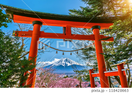 Red pole and fuji mountains in spring, Japan. 118428663