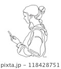 One continuous line. Woman with phone. Linear style 118428751