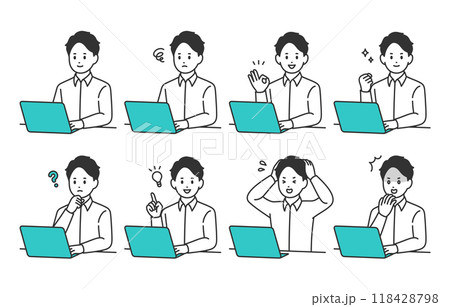 パソコンを見ながらいろいろな表情･ポーズをする若い男性のセット【人物ベクターイラスト素材】 118428798